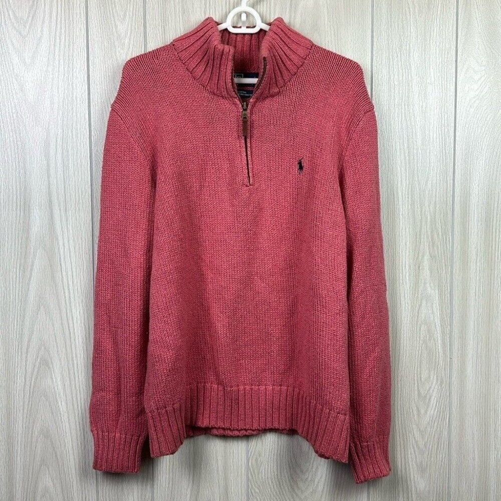 Polo Ralph Lauren Mens Sweater XL Pink 1/4 Zip Popover Pony Cotton Knit Collar